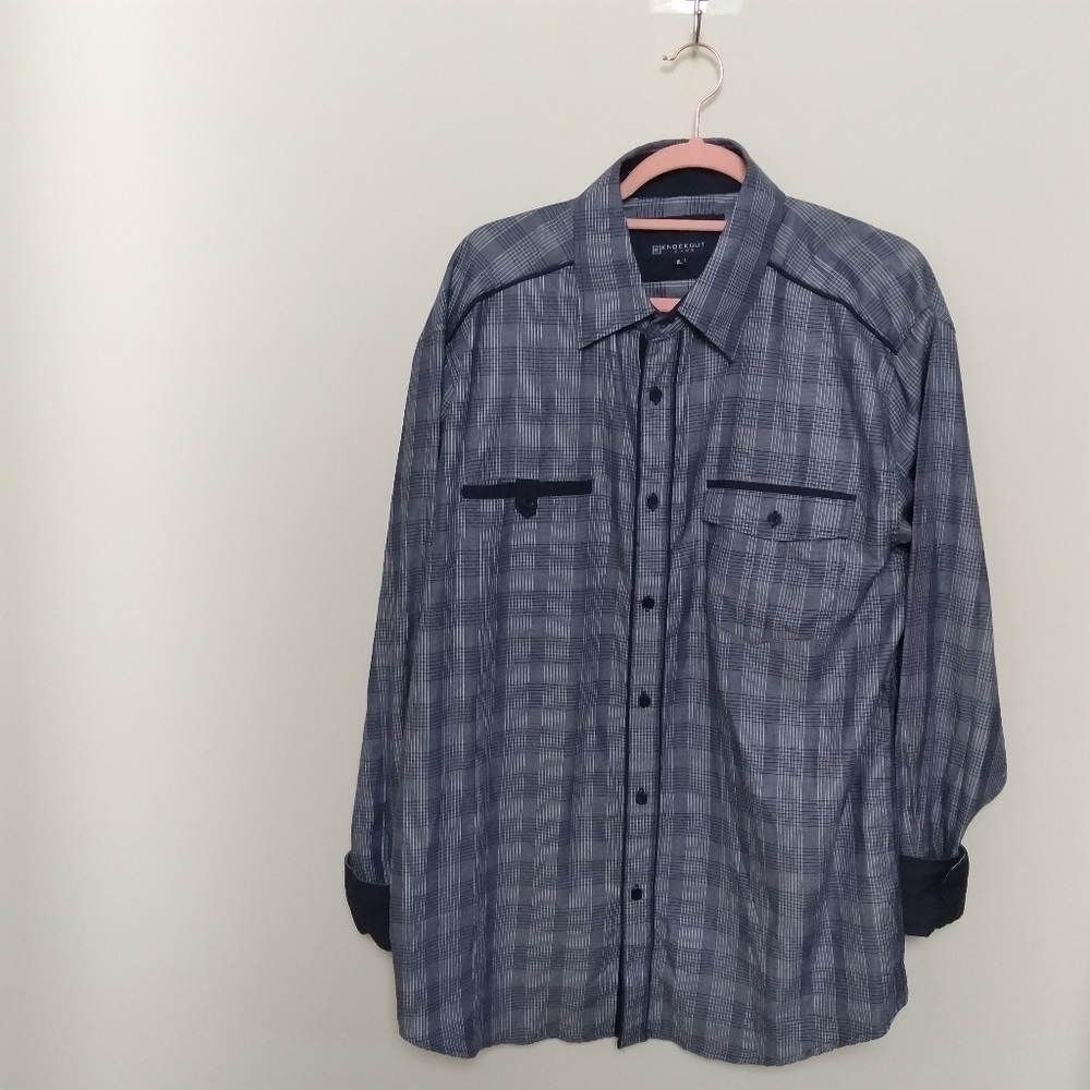 Knockout Jeans Blue Plaid Tab Sleeve Button Front Shirt Size XL